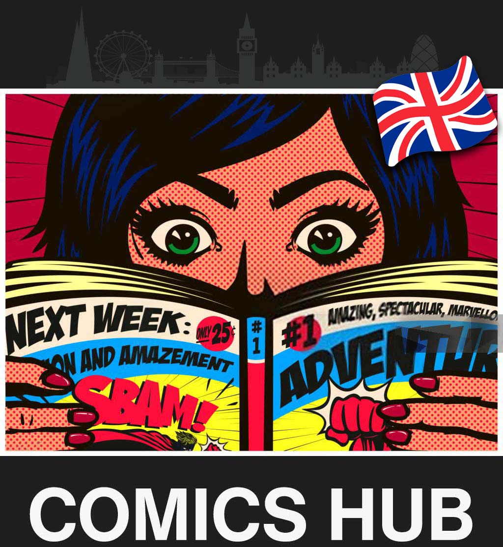 Comics Hub logo with a vibrant background of superhero and fantasy comic panels